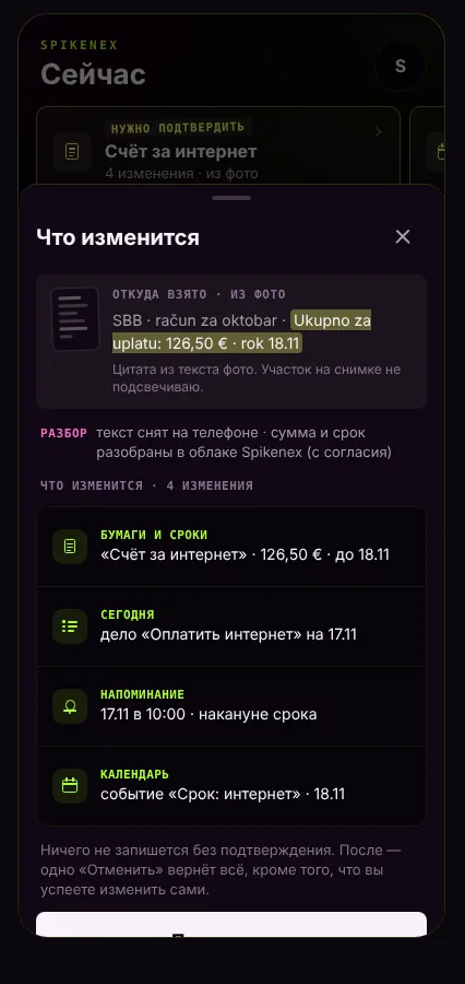 Схема Spikenex: личная память хранится на устройстве, облачная обработка выбирается отдельно.